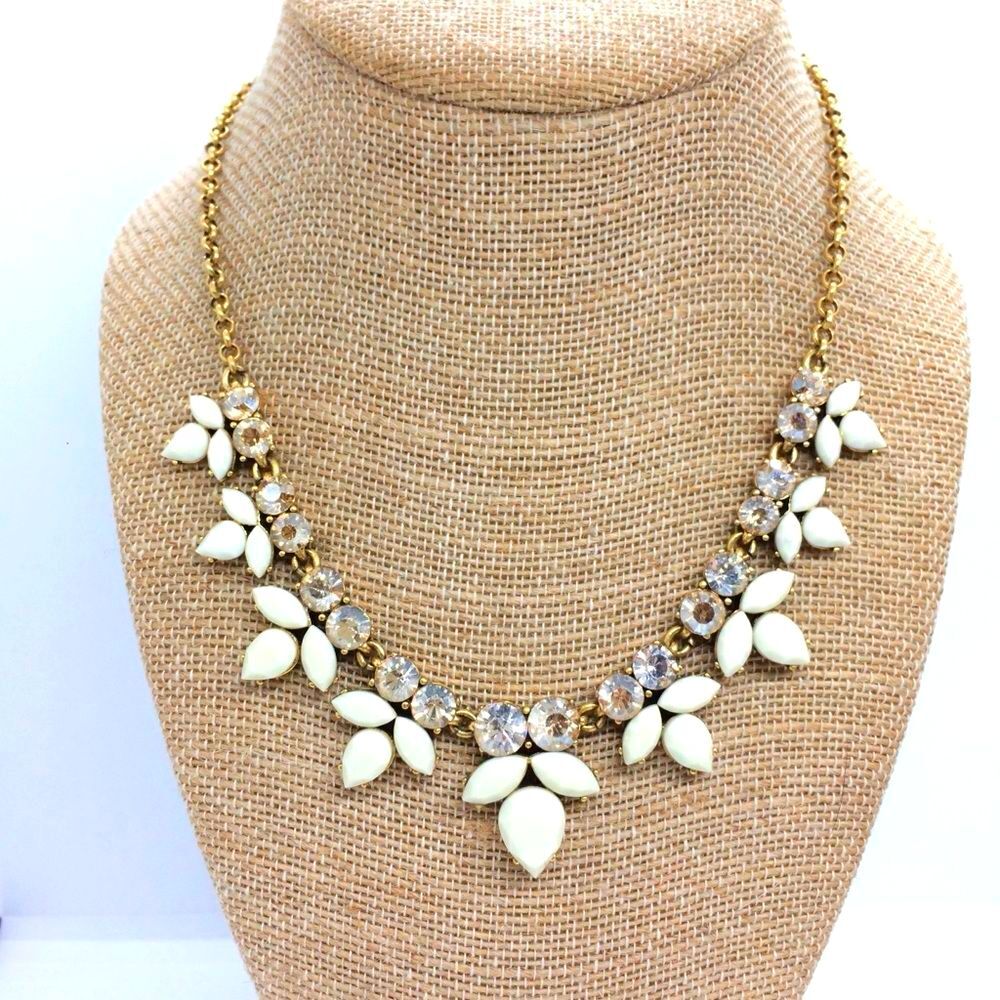 J CREW Rhinestone Necklace Statement Cream Gold Tone Collar Wedding Bridal Holid